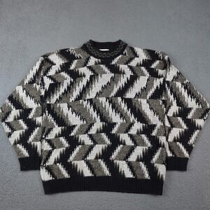 Vintage Protege Sweater Mens Large Black Gray White Geometric Zigzag Knit 90s